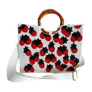 NWT Sol + Mer Strawberry Beaded Viral Purse Handbag Bamboo Handles White Strap